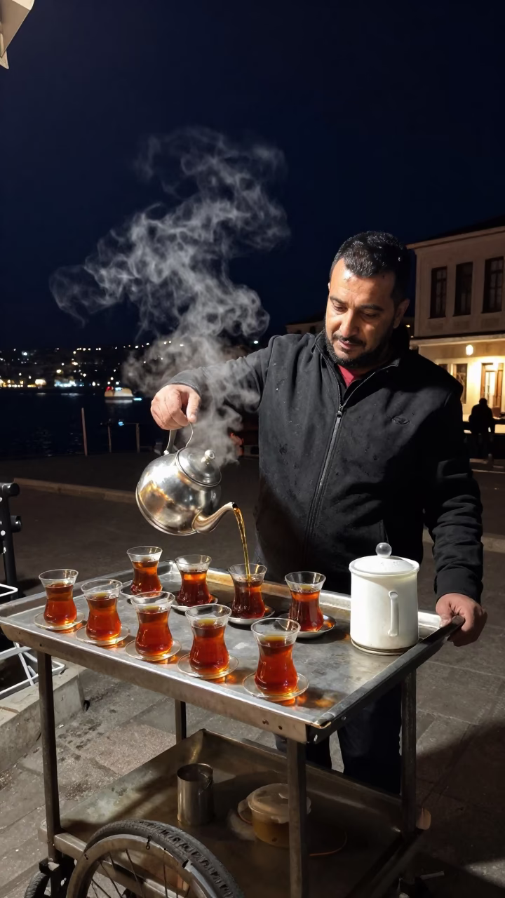 Tea Service in Izmir at Late At Night Light in in Izmir, Turkey