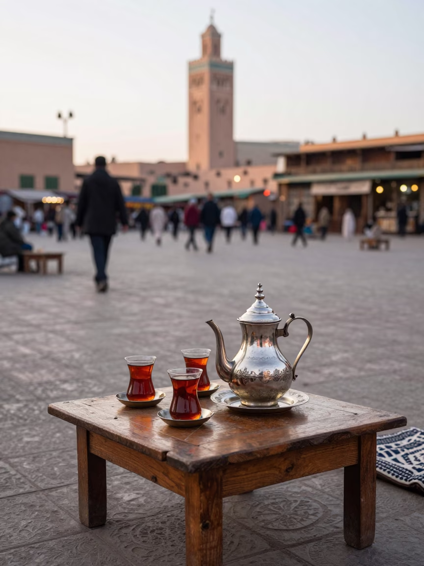 Tea Service in Marrakech at As First Light Reaches The Scene in in Marrakech, Morocco