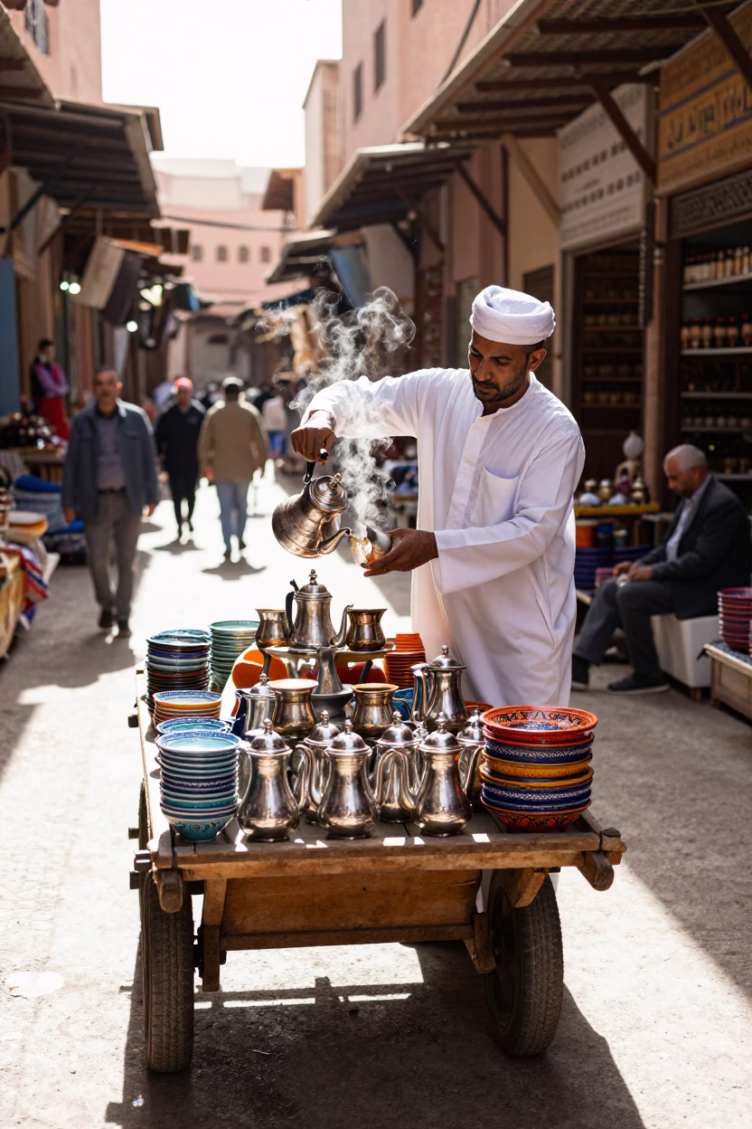 Tea Service in Marrakech at Bright Midmorning Light in in Marrakech, Morocco