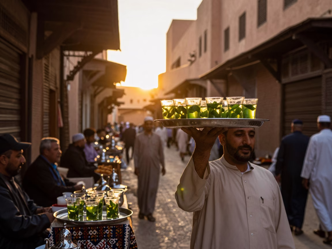 Tea Service in Marrakech at Sunset Light in in Marrakech, Morocco
