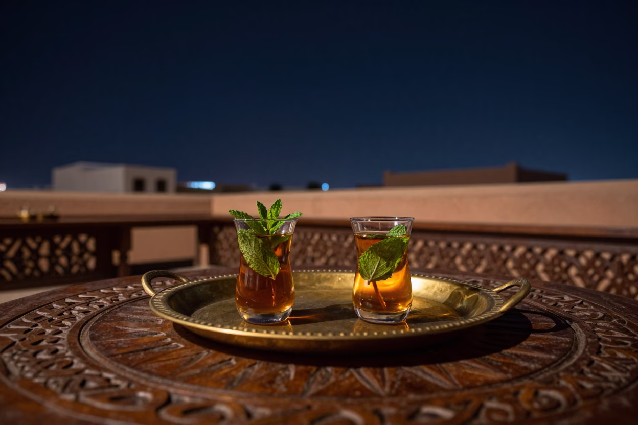 Tea Service in Marrakech at The Deepest Night Sky Light in in Marrakech, Morocco