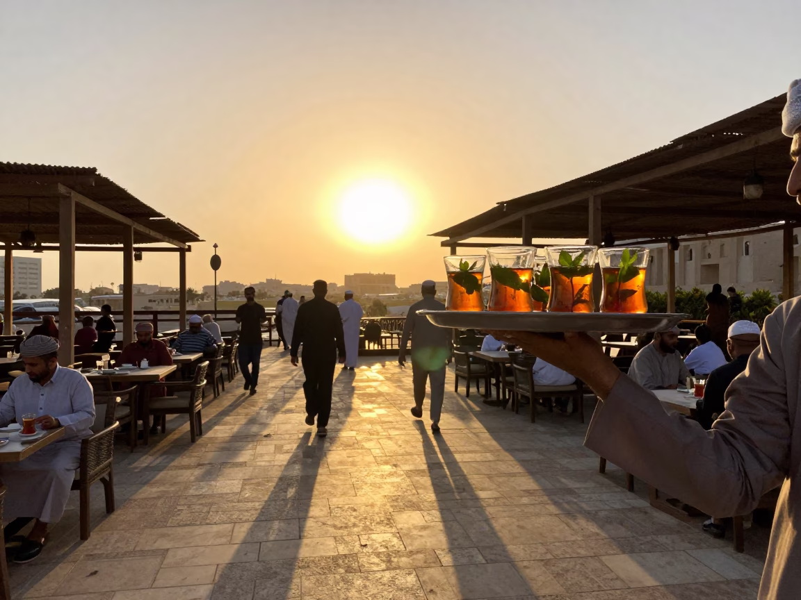 Tea Service in Muscat at Sunset Light in in Muscat, Oman