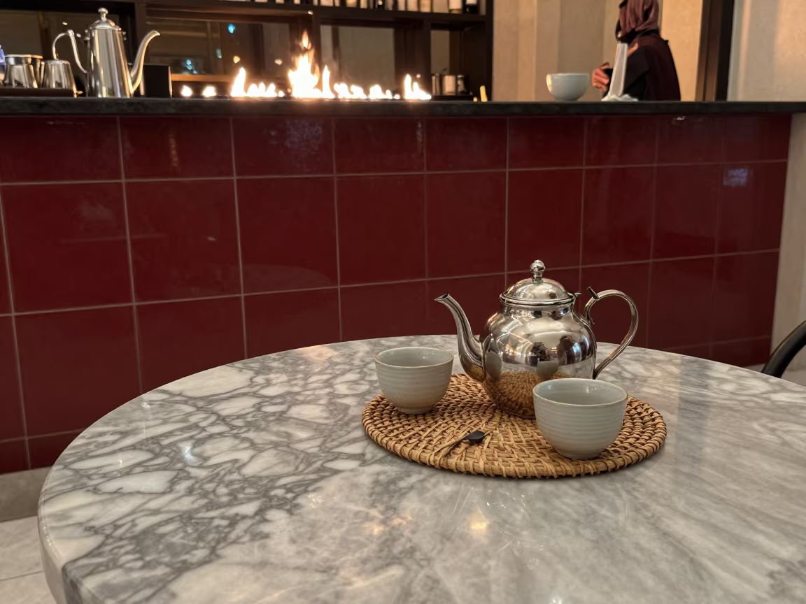 Tea Service on Marble Table in Ajman Cafe in on a marble cafe table in Ajman
