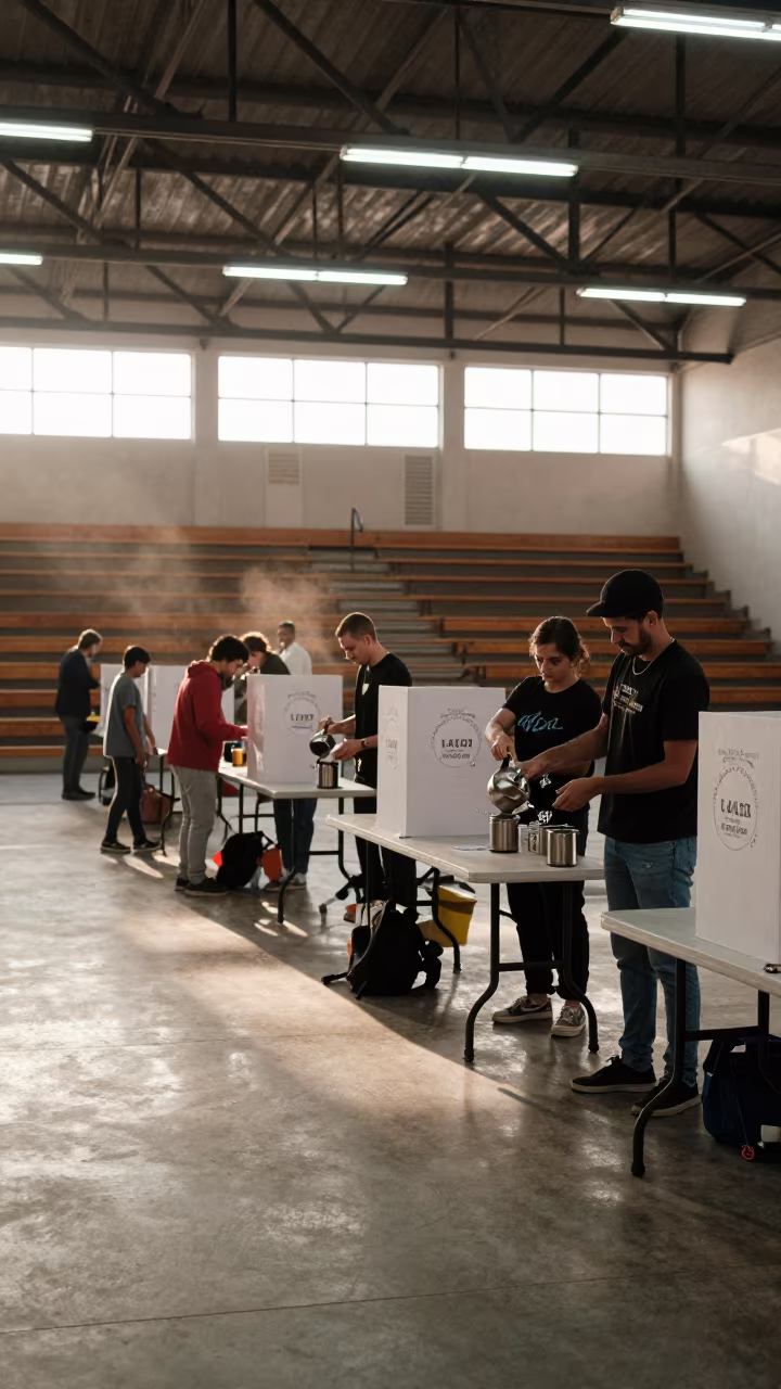 Tea Service in Monrovia Gym Before Dawn in inside a polling station gymnasium near Monrovia