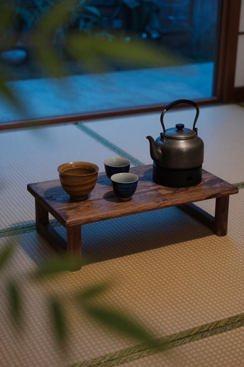 Tea Service on Tatami Mat at Blue Hour in on a tatami mat in Cali