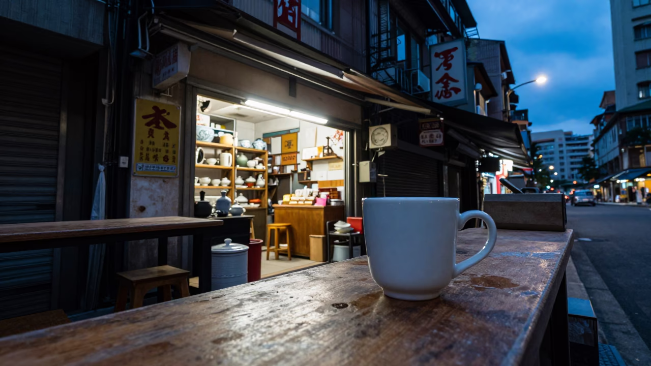Tea Shop Evening Scene in Taipei Taiwan with Ceramic Mug and Street Details in in Taipei, Taiwan