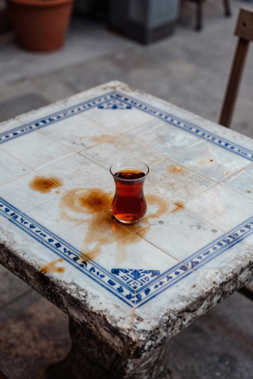 Tea Stains in Izmir at As First Light Reaches The Scene in in Izmir, Turkey