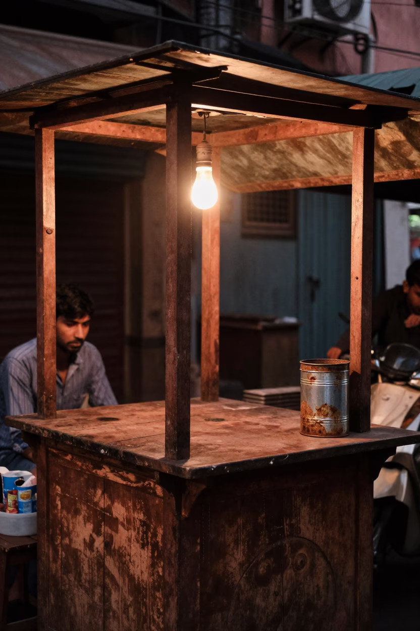 Tea Stall in Mumbai at Copper-toned Light Before Dusk in in Mumbai, India