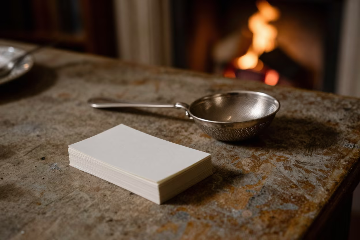 Tea Strainer and Place Cards on Library Table in on a dusty library table in Rouen