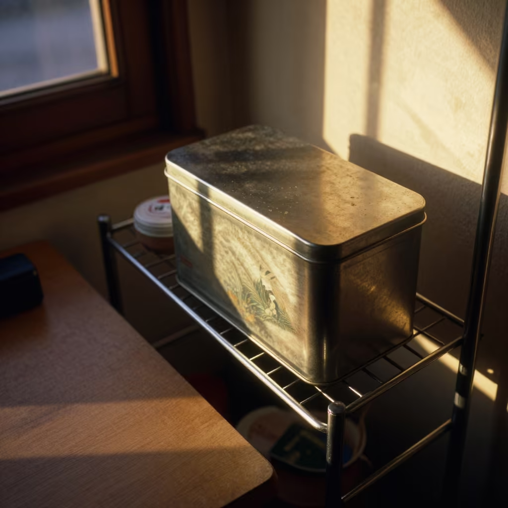 Tea Tin on Storeroom Rack Golden Hour in on a writing desk in Culiacán