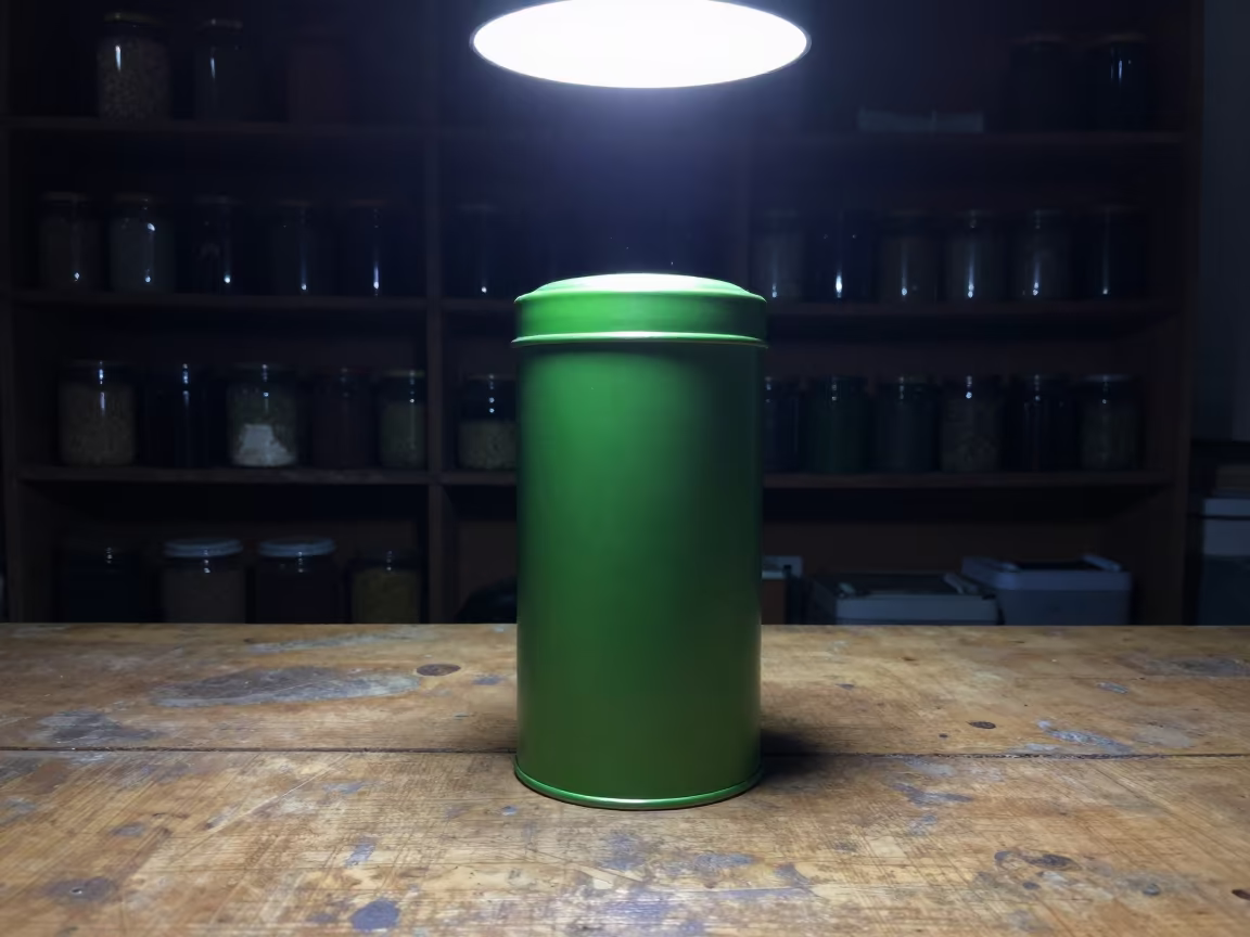 Tea Tin on Workbench Under Bare Bulb in on a wooden workbench in Bharuch