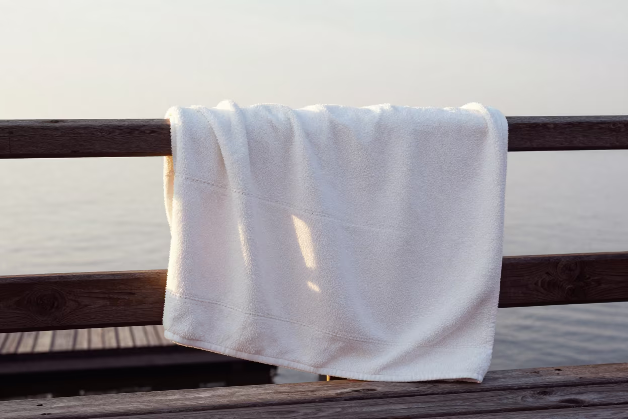 Tea Towel on Cedar Bench Pier Szczecin in on a pier railing near Szczecin