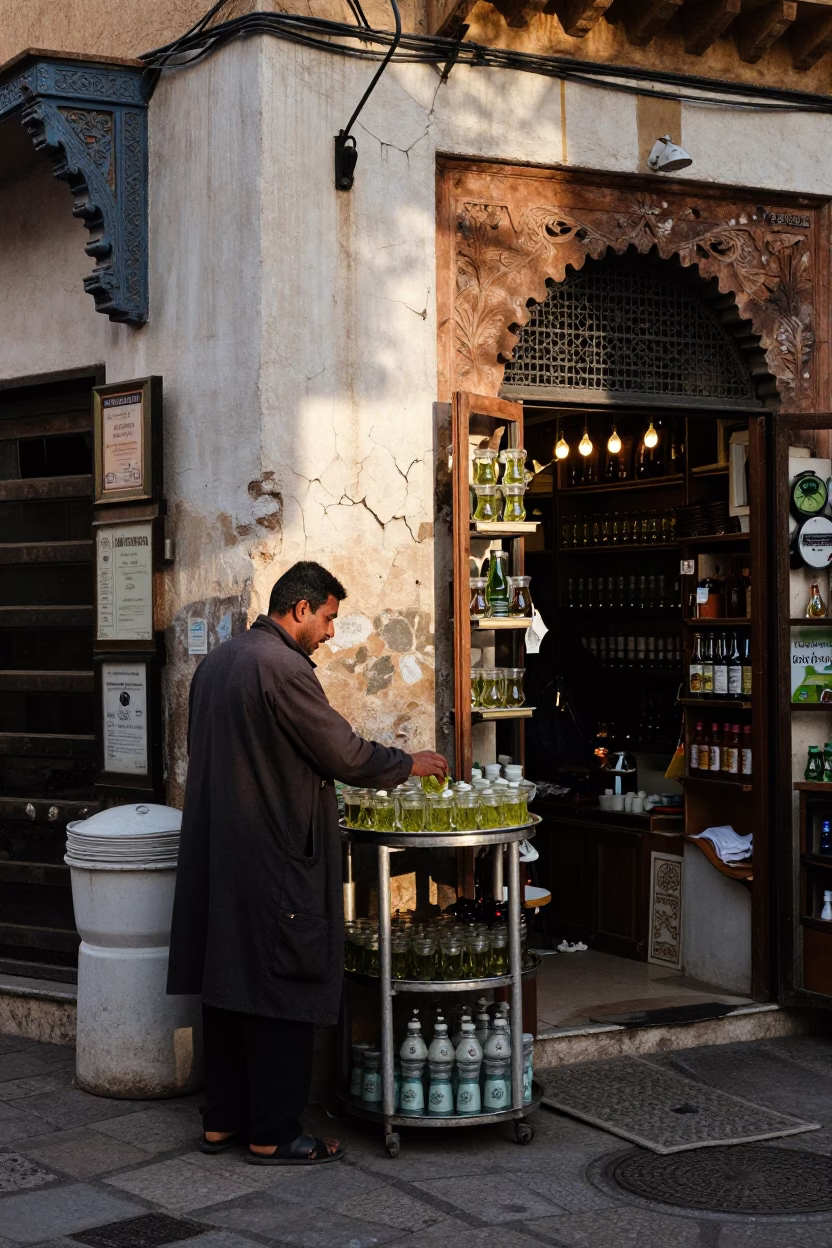 Tea Tray at As First Light Reaches The Scene in Casablanca in in Casablanca, Morocco