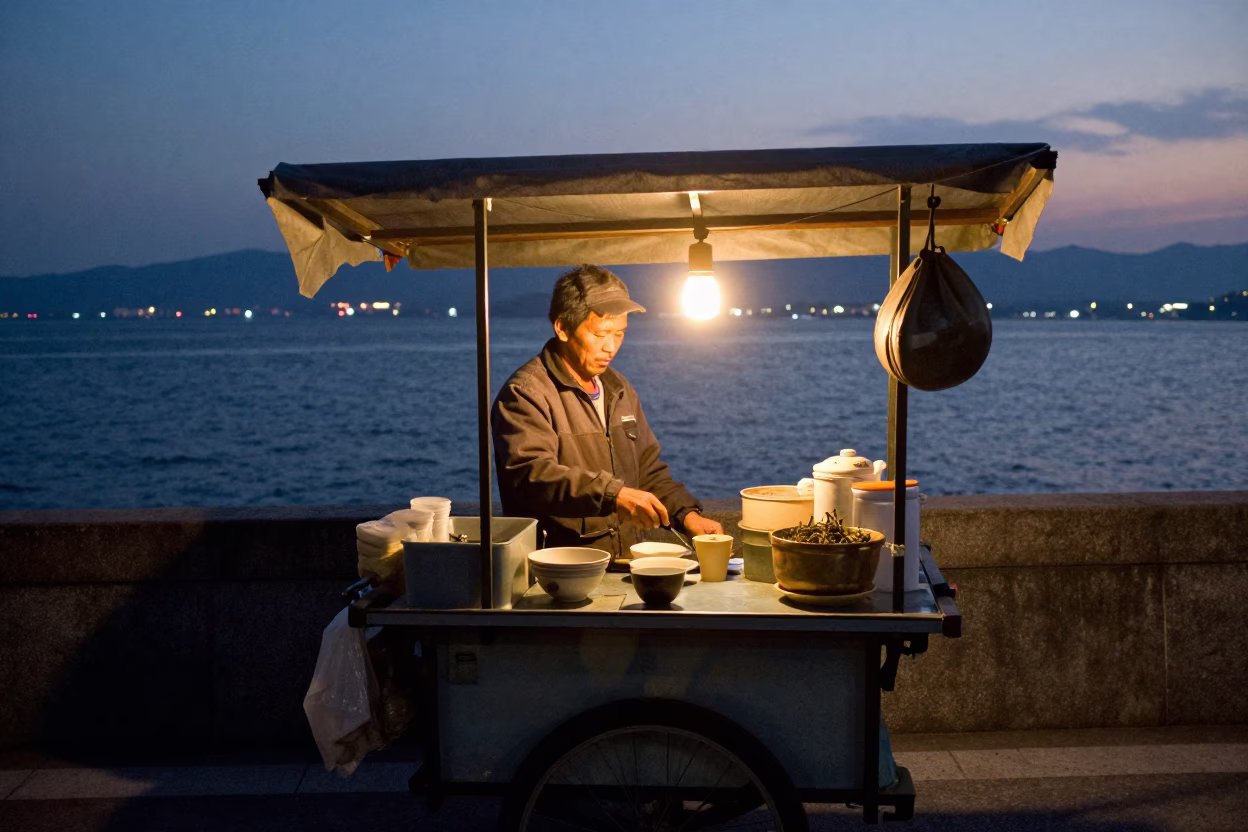 Tea Vendor in Kaohsiung at The Still Hours Before Dawn Light in in Kaohsiung, Taiwan