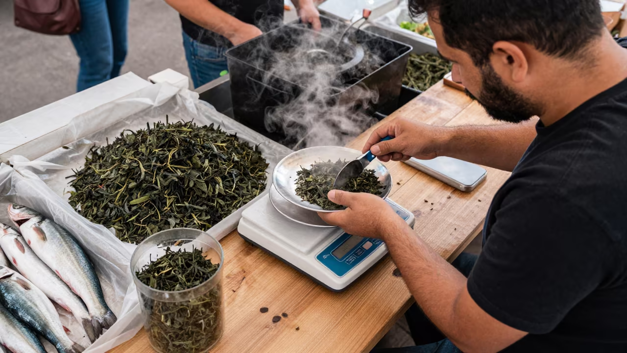 Tea Vendor Weighing Loose Leaf at Berat Market in beside a fish counter in Berat
