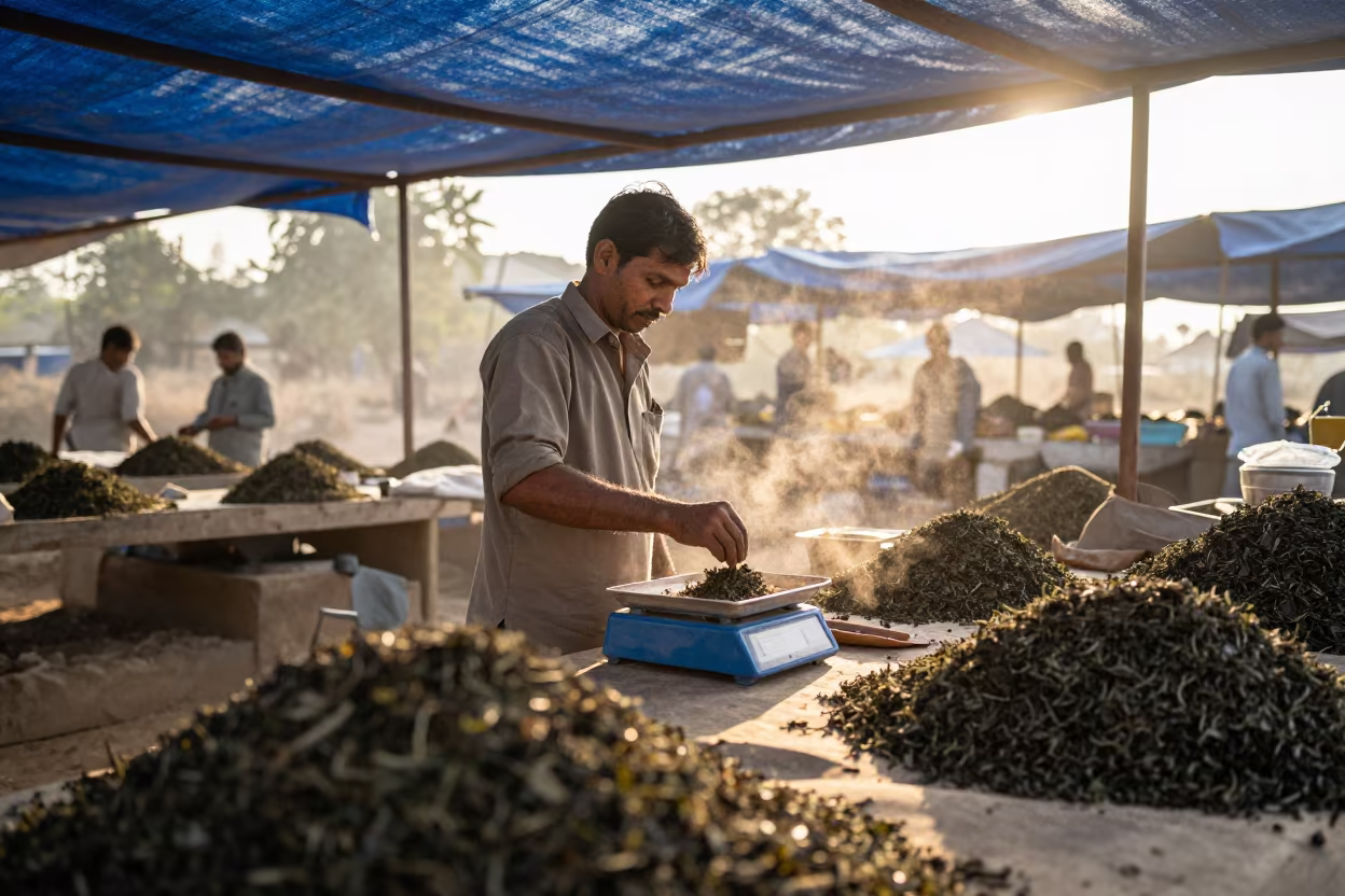 Tea Vendor Weighing Loose Leaf at Ghorahi Market in at a market stall in Ghorahi
