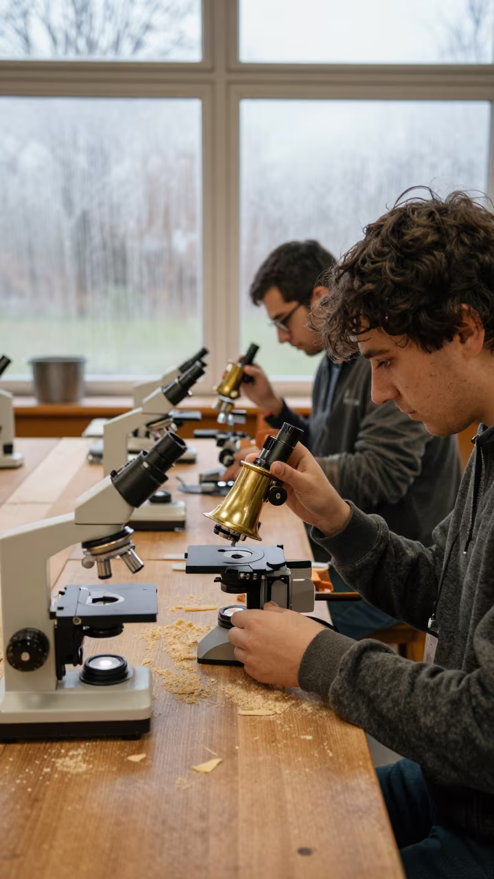 Teacher Arranges Microscopes Woodshop Class in in a woodshop classroom near Villa Nueva