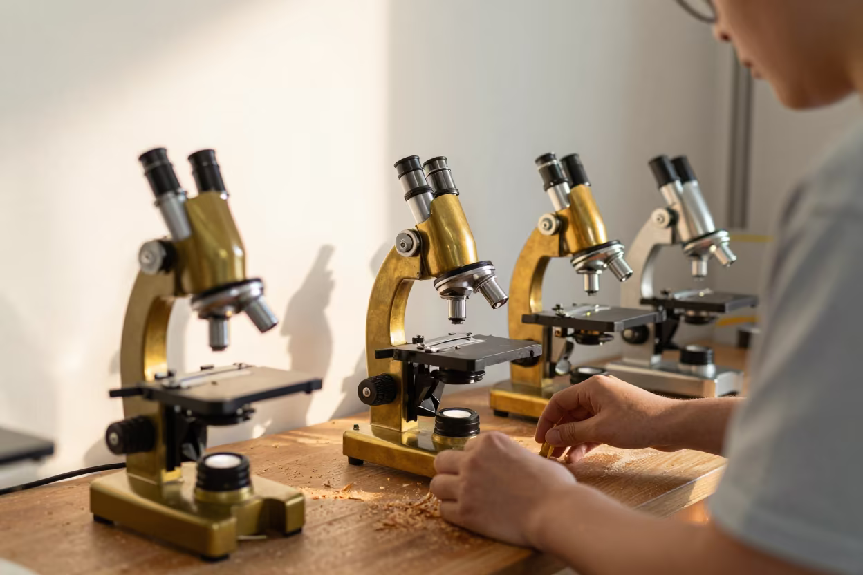 Teacher Arranges Microscopes in Woodshop in in a woodshop classroom in Nanchang