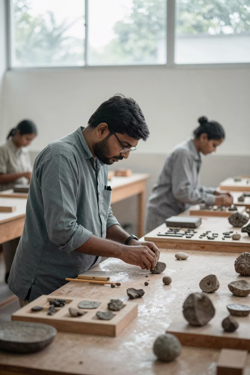 Teacher Arranging Fossils in Bhiwandi Woodshop in in a woodshop classroom in Bhiwandi