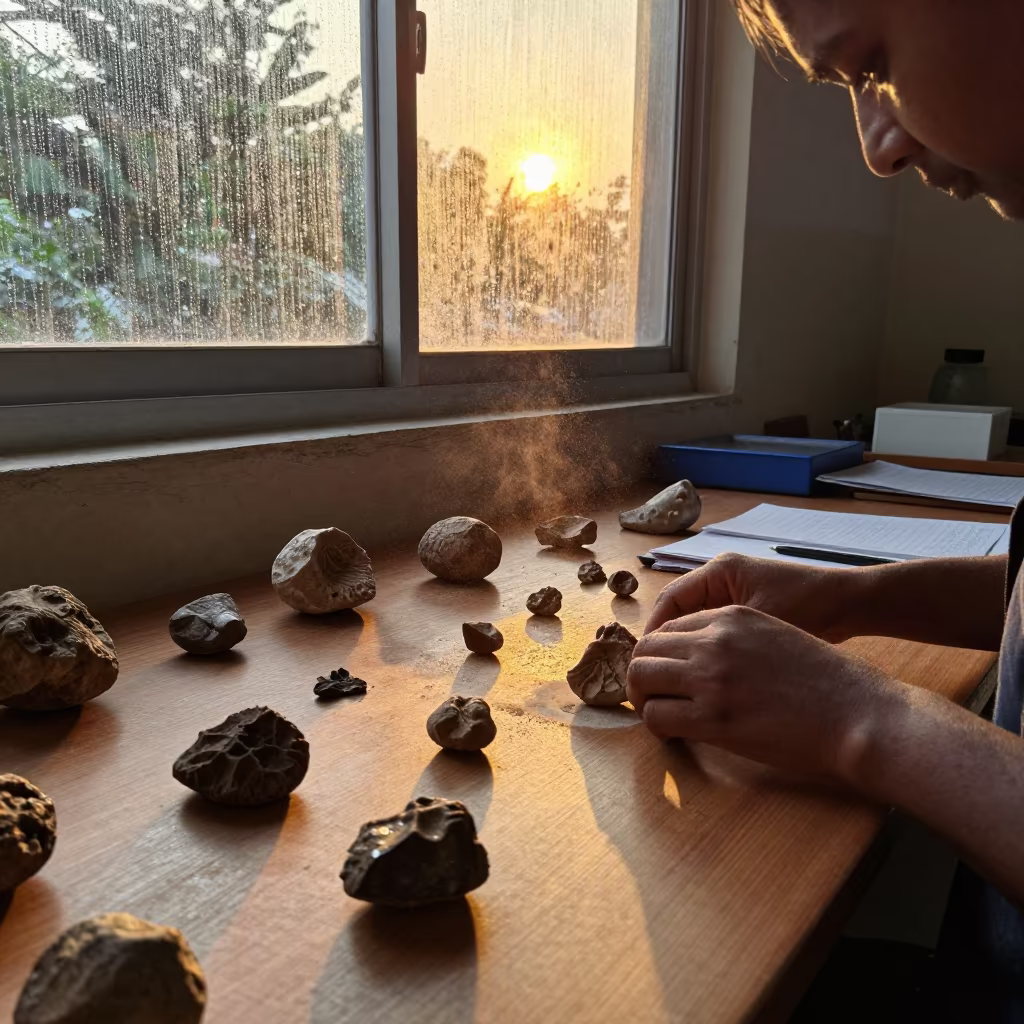 Teacher Arranging Fossils in Raipur Lab at Sunset in in a school laboratory in Raipur