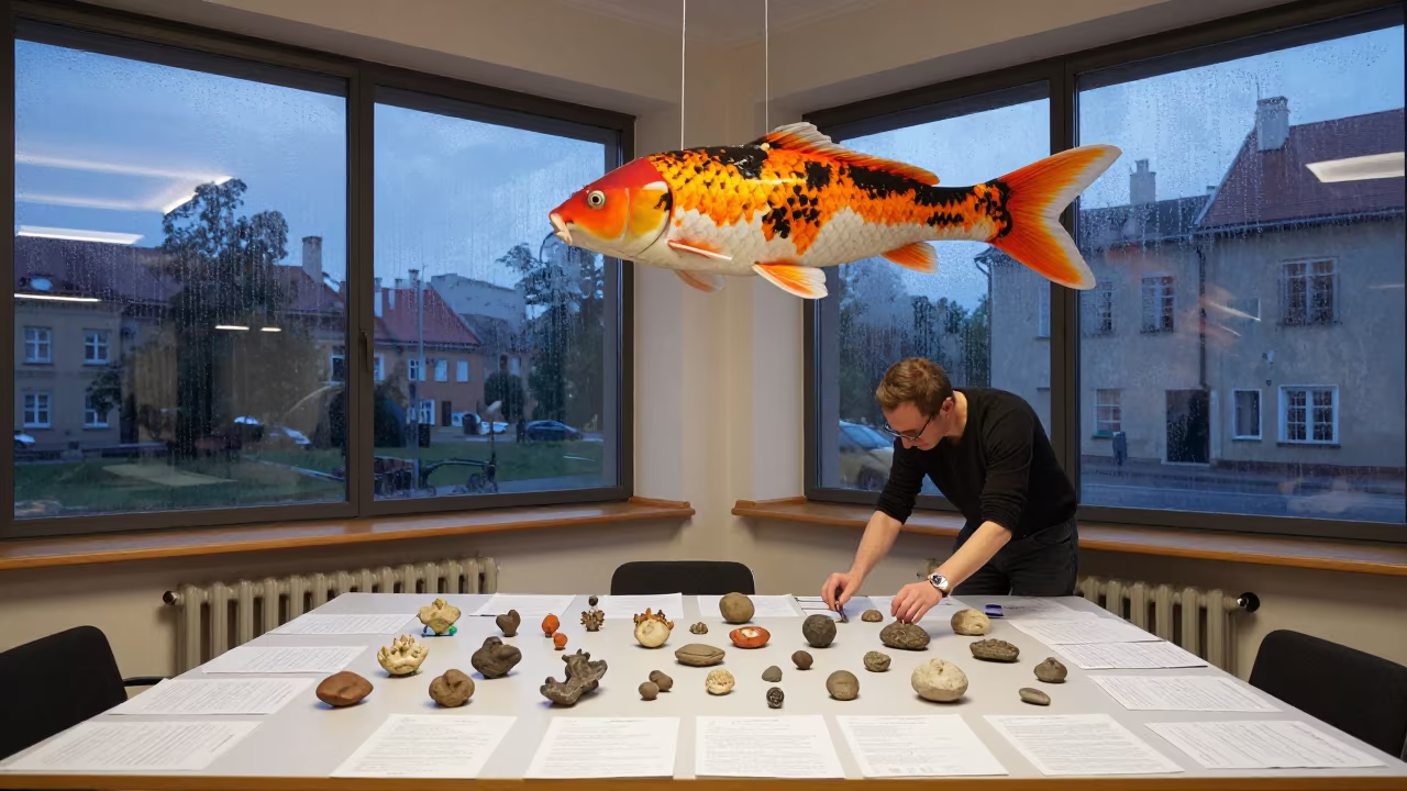 Teacher Arranging Fossils Under Giant Koi in at a seminar table covered in notes in Rzeszów