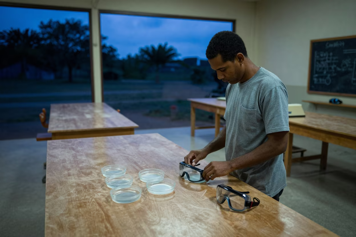 Teacher Arranging Lab Gear in Evening Woodshop in in a woodshop classroom in Guantánamo