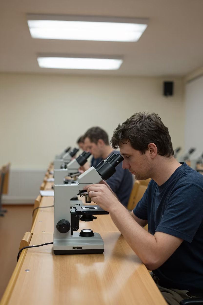 Teacher Arranging Microscopes in Brno Lecture Hall in in a lecture hall before the crowd arrives in Brno