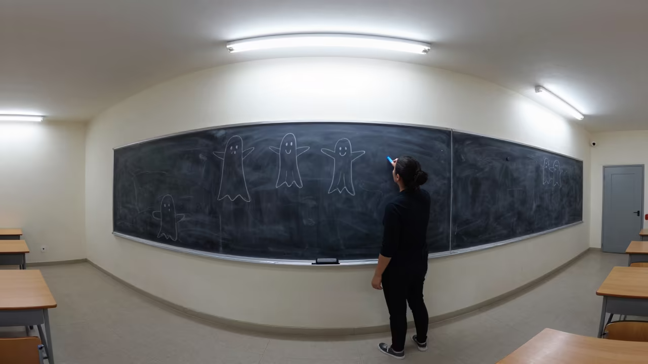 Teacher Writes Blue Marker on Chalkboard Night in inside a quiet classroom near Sousse