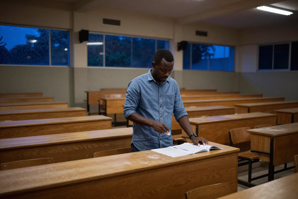 Teacher Cleaning Chalk Dust in Brazzaville Hall in in a lecture hall before the crowd arrives in Brazzaville