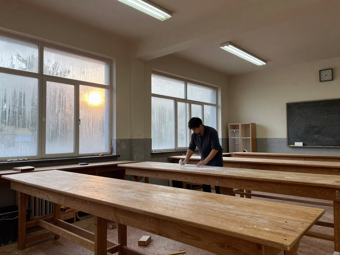 Teacher cleaning chalk dust in woodshop classroom with second sun in in a woodshop classroom in Riva, Split