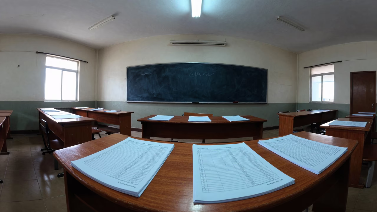 Teacher Desk with Attendance Sheets Predawn in inside a quiet classroom in Luanda