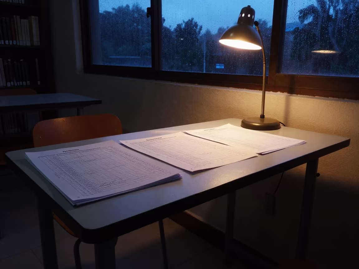 Teacher Desk Beside Notes in Quevedo Twilight in at a seminar table covered in notes in Quevedo