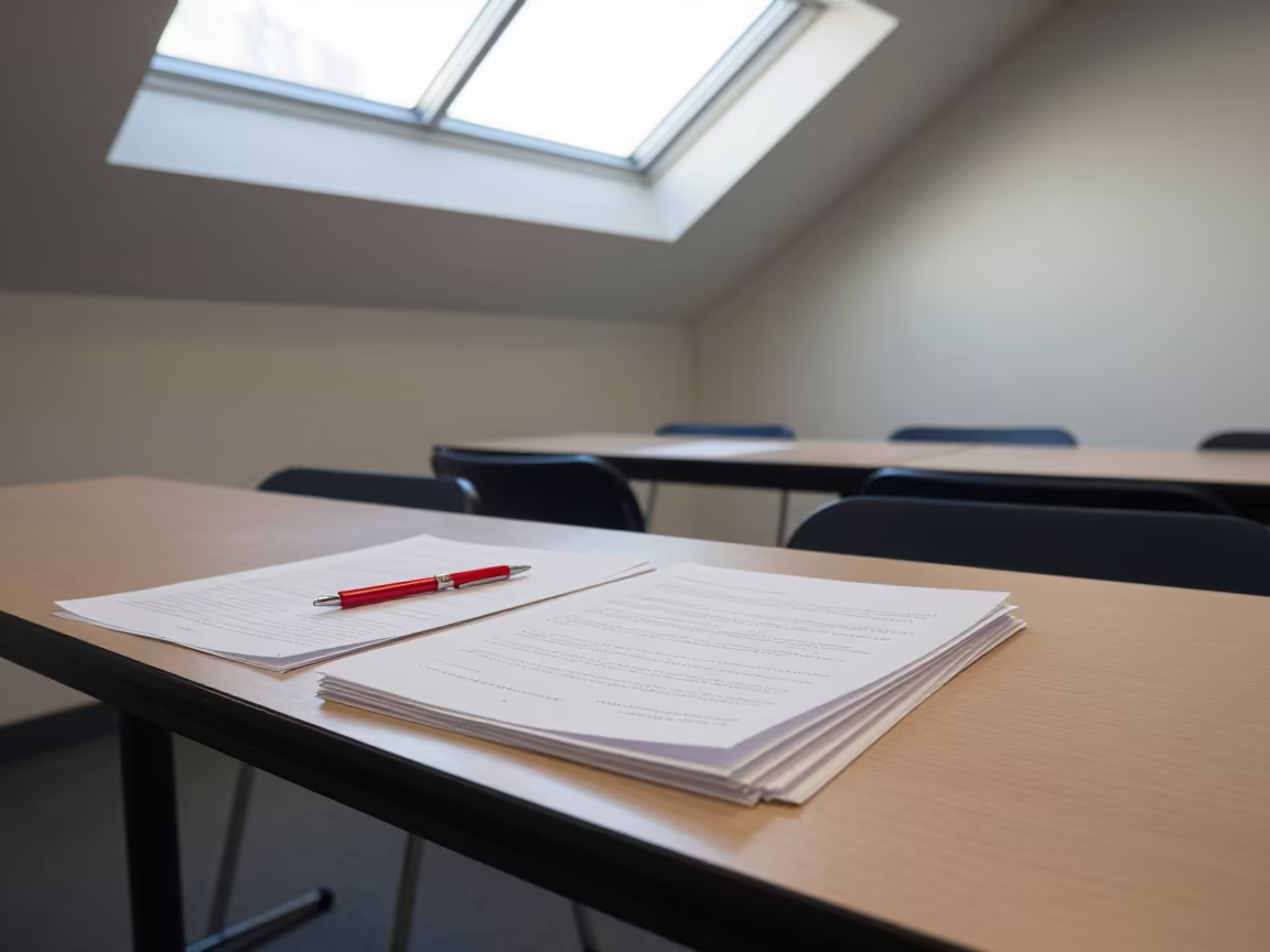 Teacher Desk Stacked Marked Essays Queenstown in at a seminar table covered in notes in Queenstown