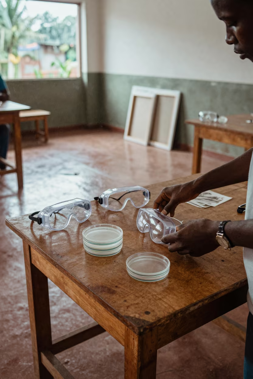Teacher sets goggles and petri dishes in Abidjan classroom in inside an art classroom in Abidjan