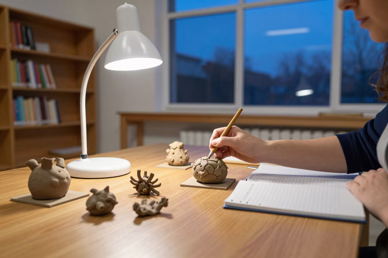 Teacher labeling clay models in library in inside a campus library reading room in Denizli