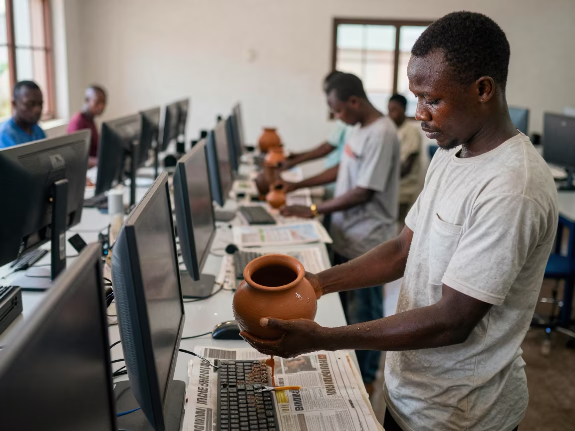 Teacher Lifting Clay Pot in Kinshasa Lab in in a computer lab before lessons near Kinshasa