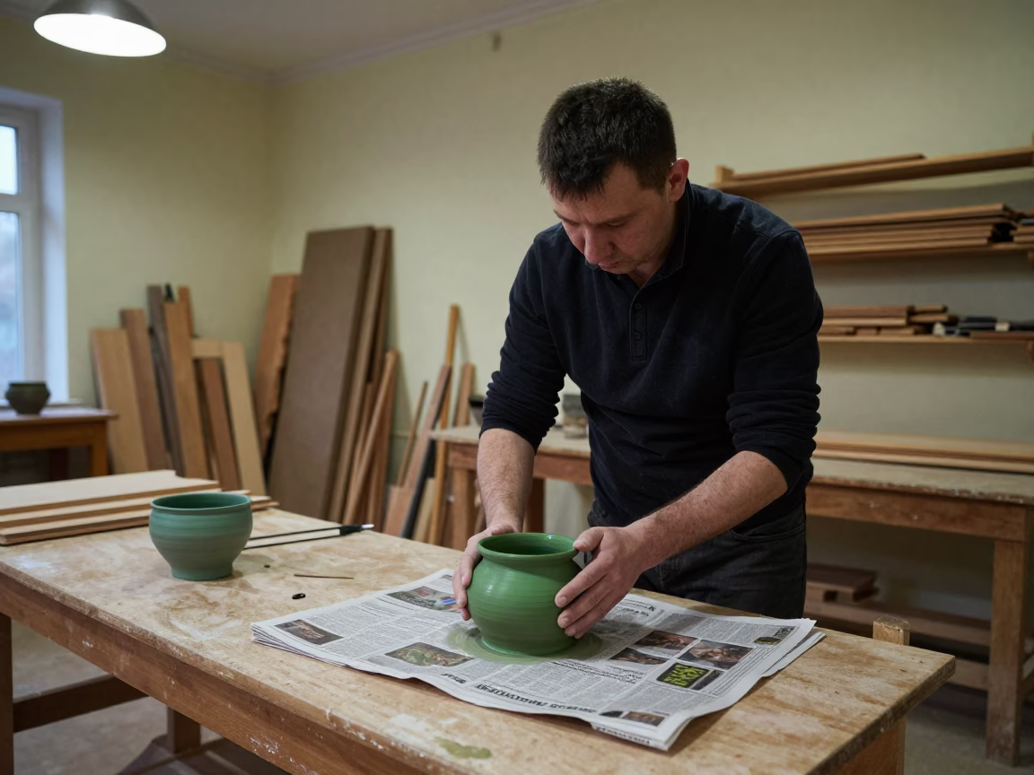 Teacher Lifting Pottery in Atyrau Woodshop in in a woodshop classroom near Atyrau