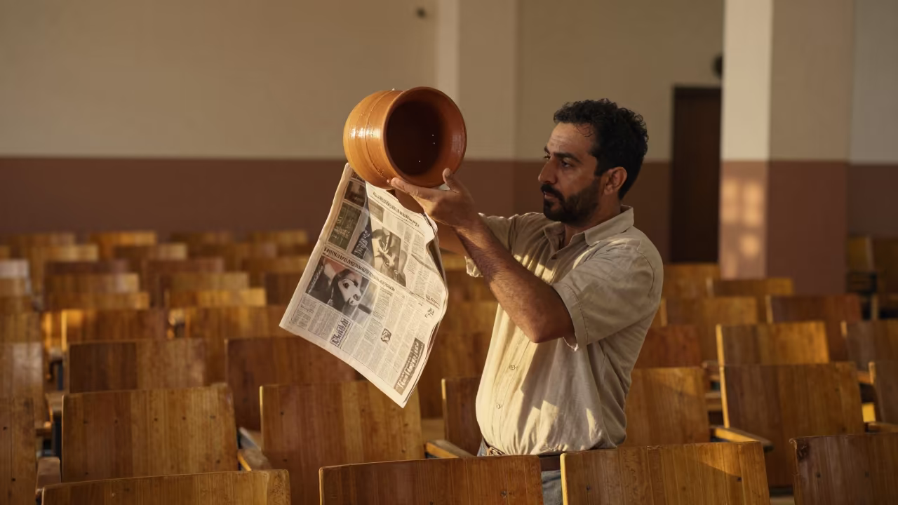 Teacher Lifting Pottery in Casablanca Classroom in in a lecture hall before the crowd arrives in Corniche, Casablanca
