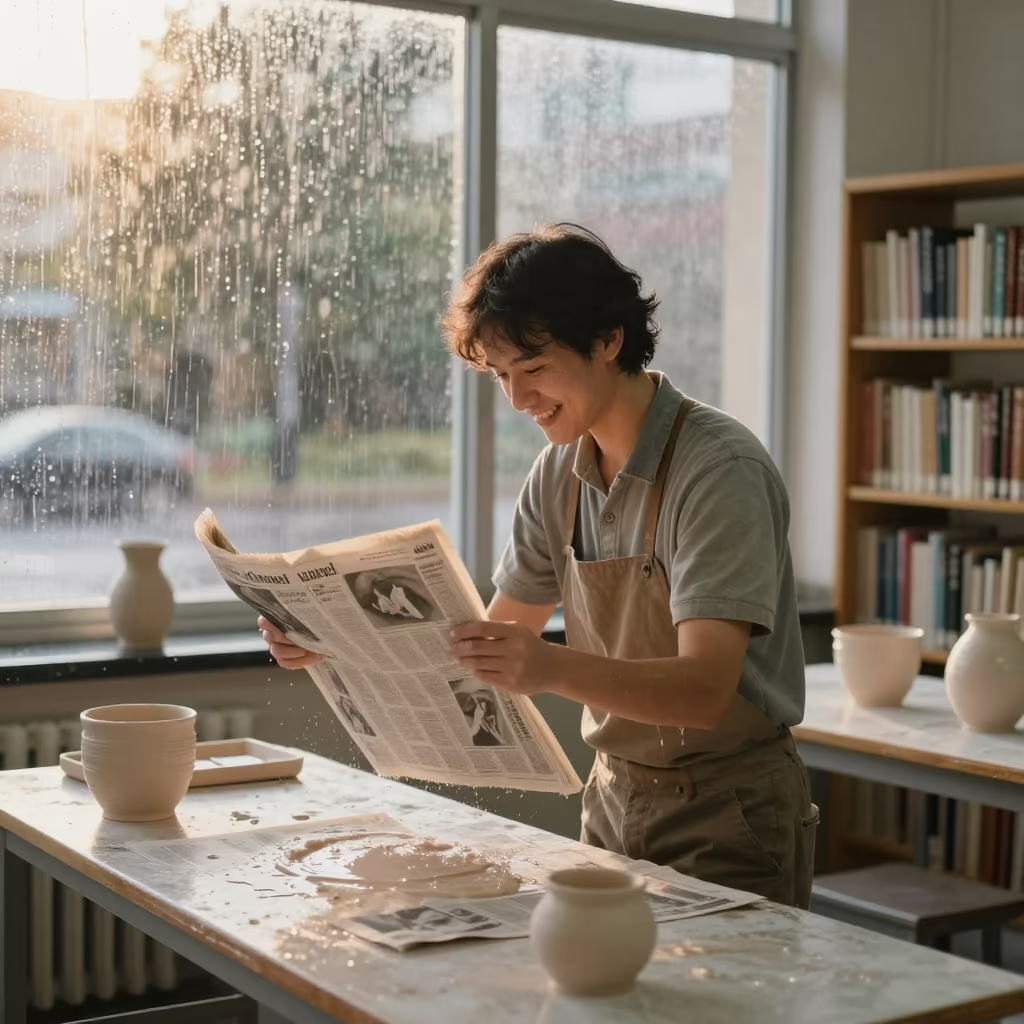 Teacher Lifting Pottery in Library Reading Room in inside a campus library reading room in Coronel