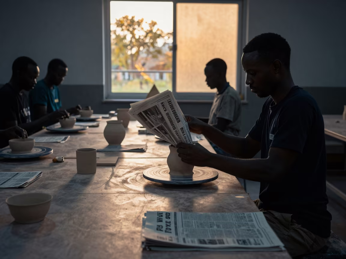 Teacher Lifts Pottery in Fort Portal Classroom in at a seminar table covered in notes in Fort Portal