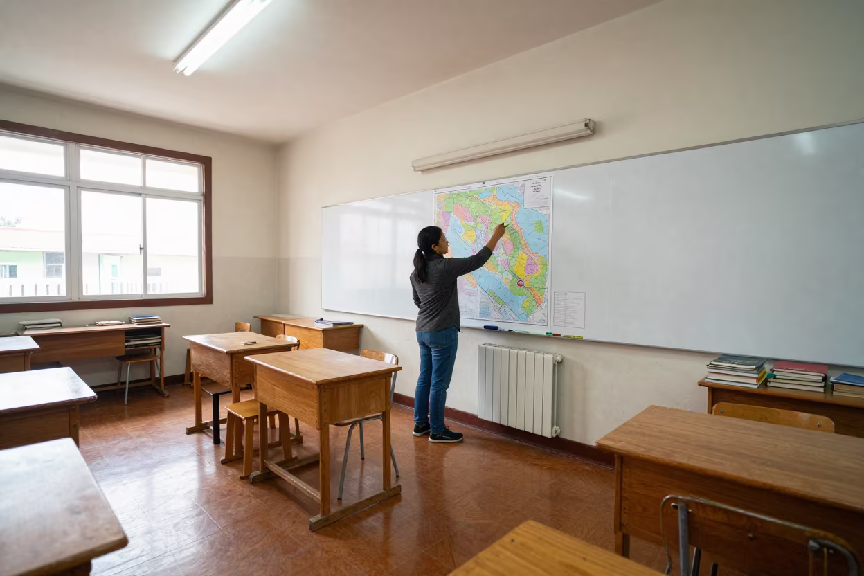 Teacher Pins Maps Above Radiator in Quezon City Woodshop in in a woodshop classroom in Quezon City