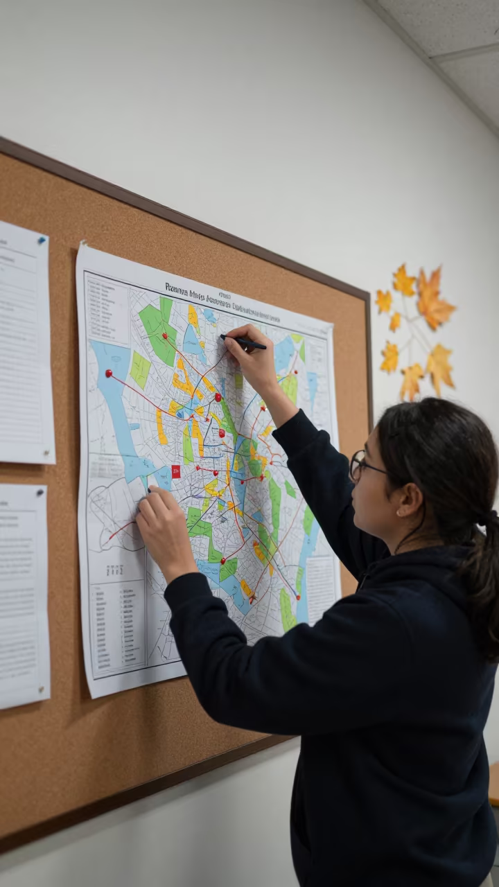 Teacher Puts Maps on Board Before Class in in a lecture hall before the crowd arrives in Belbis