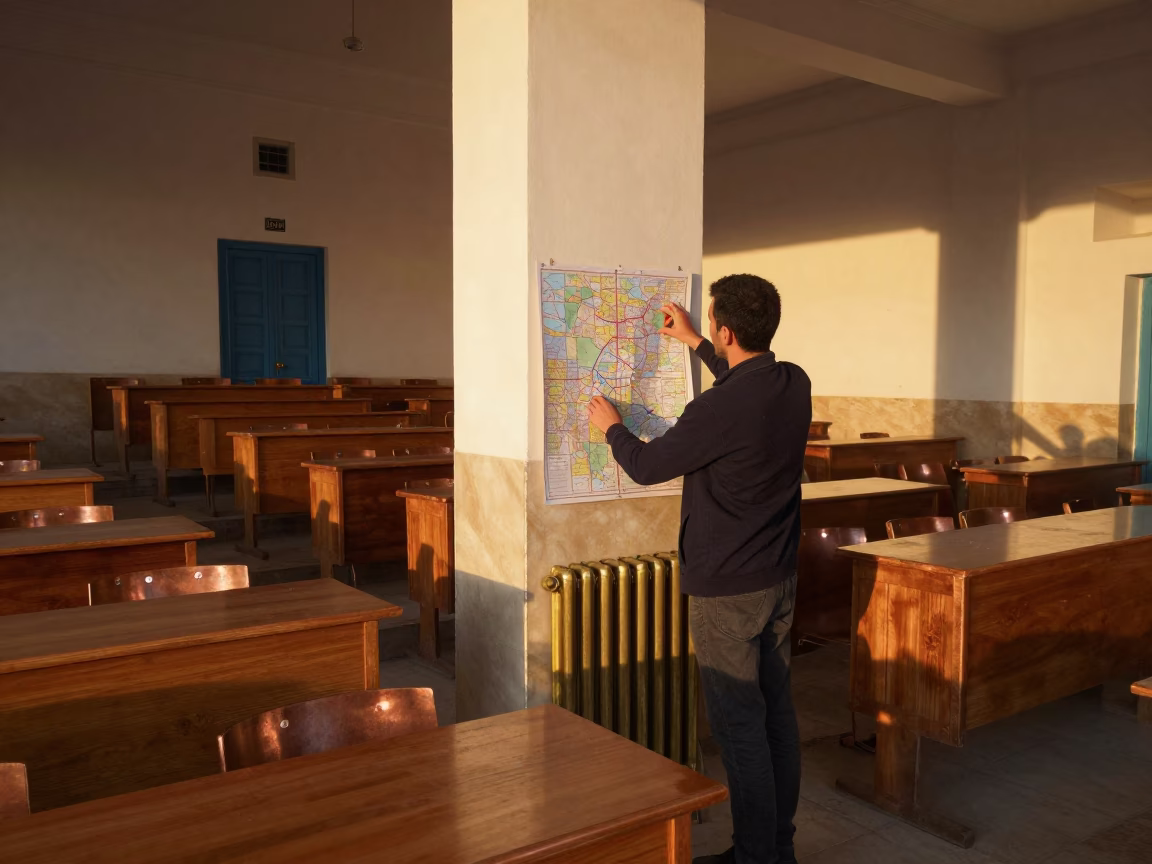 Teacher Pins Maps in Tunisian Lecture Hall in in a lecture hall before the crowd arrives in Bab El Bhar, Tunis