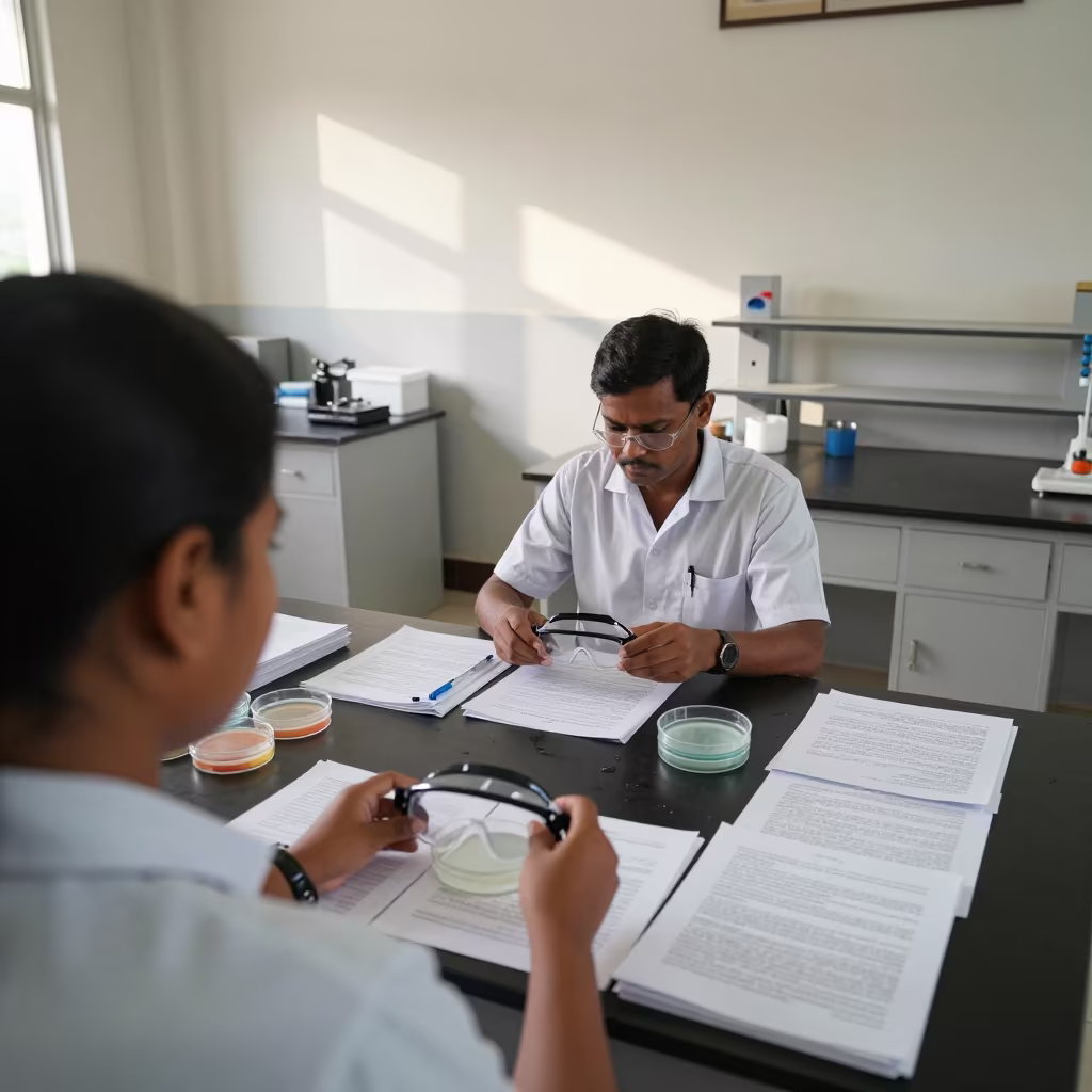 Teacher Sets Goggles and Petri Dishes on Seminar Table in at a seminar table covered in notes in Nadiad