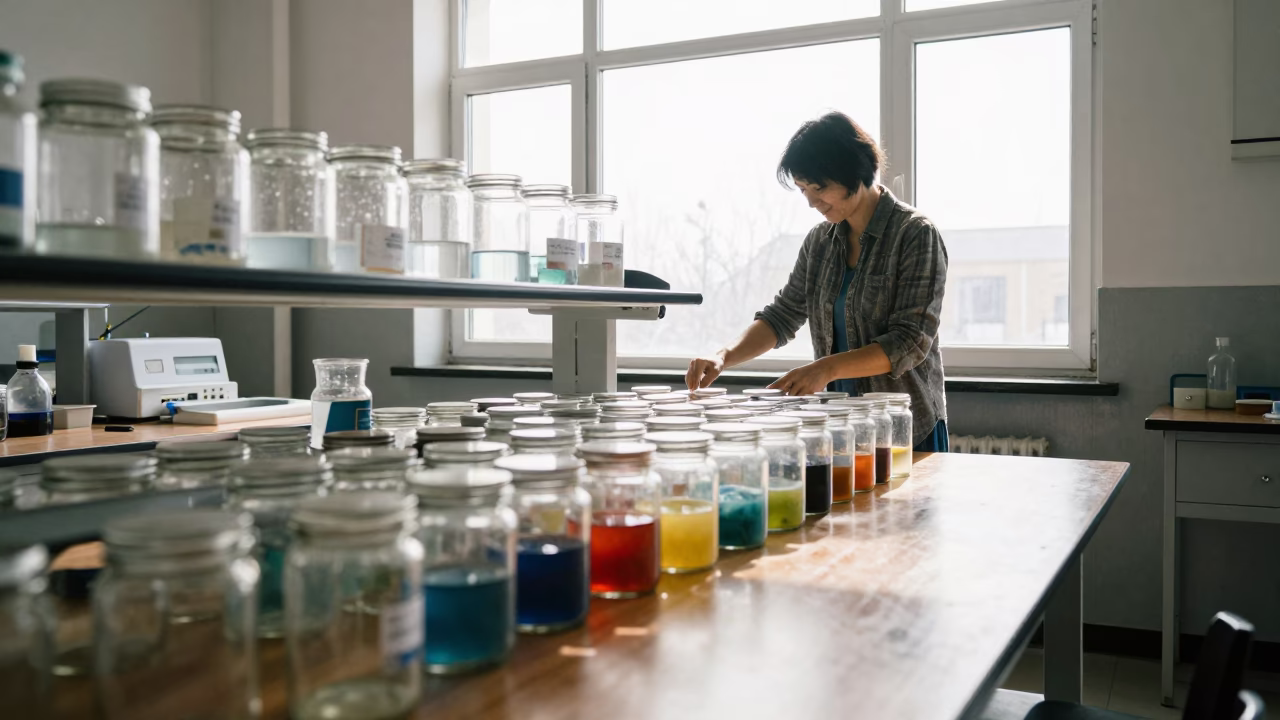 Teacher Sorting Watercolor Jars in Changchun Classroom in in a school laboratory in Changchun