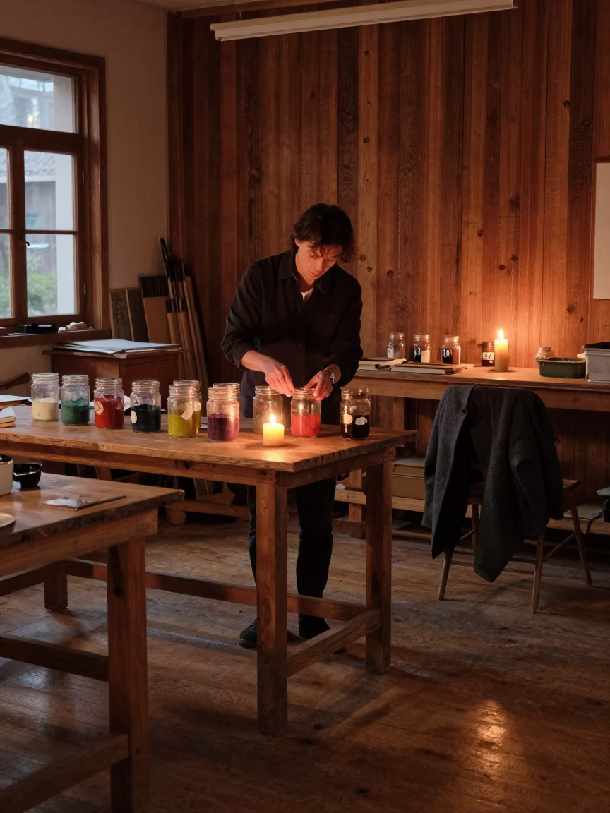 Teacher Sorting Watercolor Jars Woodshop Wenzhou in in a woodshop classroom near Wenzhou
