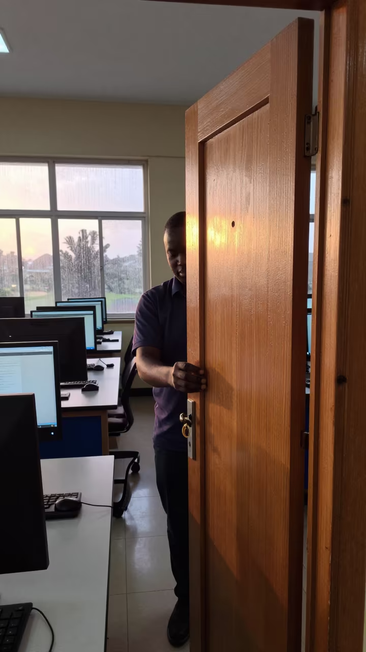 Teacher Unlocking Arusha Library at Dawn in in a computer lab before lessons in Arusha