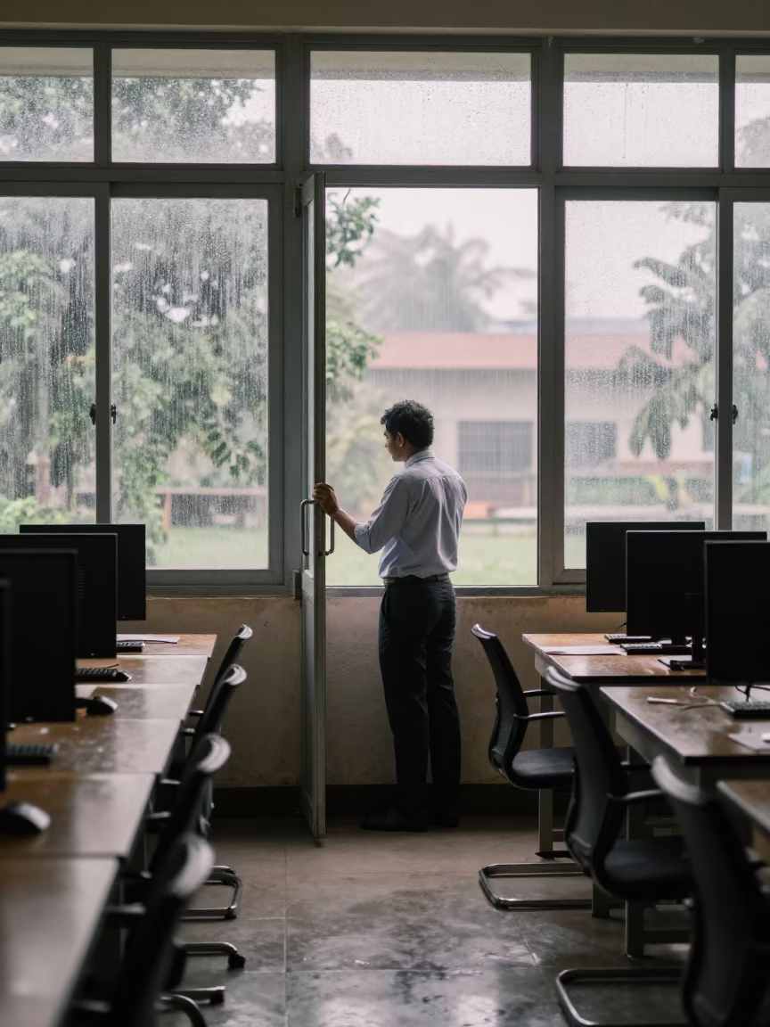 Teacher Unlocking Library Dawn Light Bhiwandi in in a computer lab before lessons in Bhiwandi
