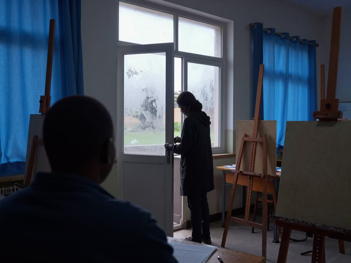 Teacher Unlocking Library at Dawn in Ndjamena in inside an art classroom in Ndjamena