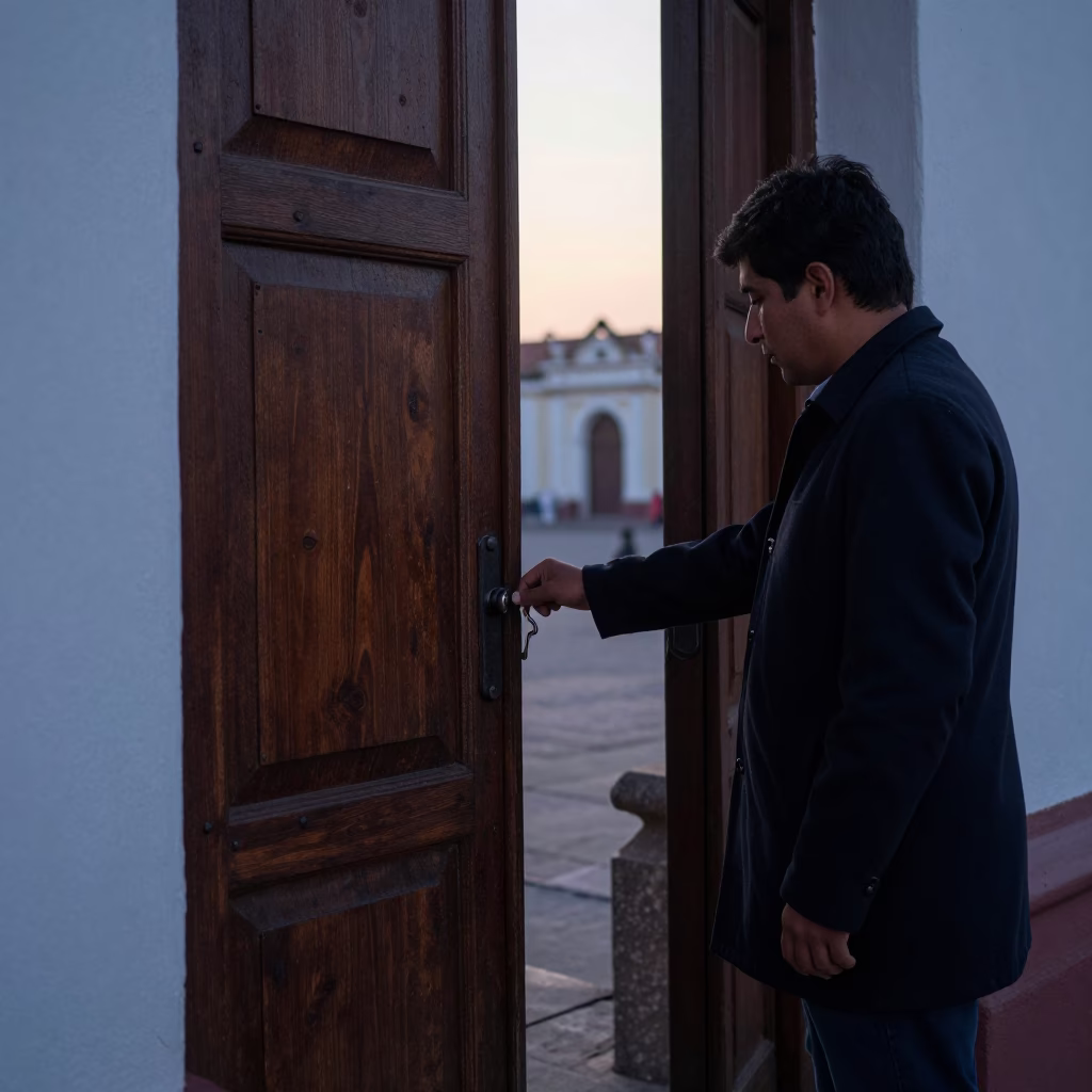 Teacher unlocking library doors at dawn in Lima Peru before sunrise in in Lima, Peru